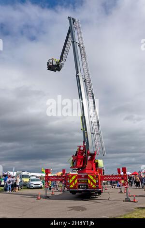 A Swindon Fire Brigade Mercedes Benz Econic Rosenbauer Metz B32 Aerial Appliance at the Cotswold Airport 2018 Emergency Services Show, Gloucestershire Stock Photo