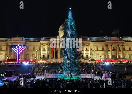 London, UK. 2nd Dec, 2021. Lighting of the Trafalgar Square Christmas Tree in Trafalgar Square, London. The lights on the annual gift from Norway, now in it's 74th year, were switched on in a ceremony with the Mayor of Westminster and the Mayor of Oslo. Credit: Paul Brown/Alamy Live News Stock Photo