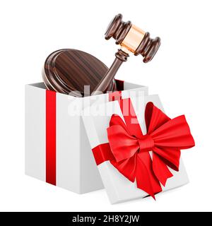 Wooden gavel inside gift box, present concept. 3D rendering isolated on white background