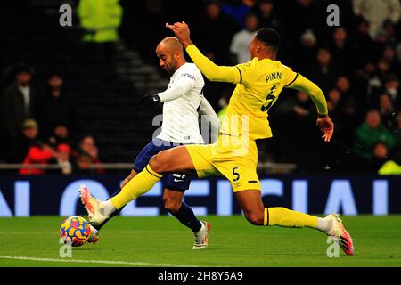 London, UK. 02nd Dec, 2021. Lucas Moura of Tottenham Hotspur (L) takes a shot at goal. Premier League match, Tottenham Hotspur v Brentford at the Tottenham Hotspur Stadium in London on Thursday 2nd December 2021. this image may only be used for Editorial purposes. Editorial use only, license required for commercial use. No use in betting, games or a single club/league/player publications. pic by Steffan Bowen/Andrew Orchard sports photography/Alamy Live news Credit: Andrew Orchard sports photography/Alamy Live News Stock Photo