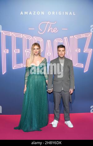 Milan, Italy, December 2, 2021, Chiara Ferragni and Fedez pose during the ‘The Ferragnez - The series’  premiere in Milan, Italy on December 2, 2021 Stock Photo