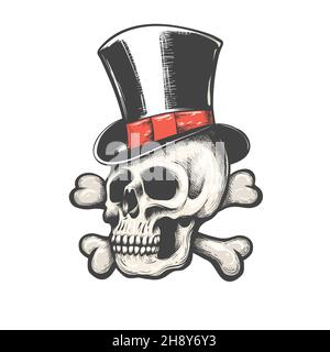 Tattoo of Skull in Gentleman Cylinder Hat isolated on white. Vector illustration. Stock Vector