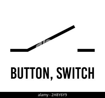 Button switch electronic component, vector icon flat design concept. Electricity physics scheme for education. Black on white background. Stock Vector