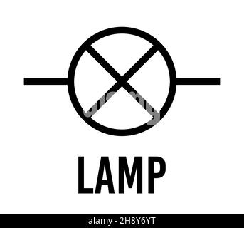 Lamp electronic component, vector icon flat design concept. Electricity physics scheme for education. Black on white background. Stock Vector