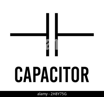 Capacitor electronic component, vector icon flat design concept. Electricity physics scheme for education. Black on white background. Stock Vector