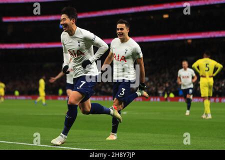 London, UK. 02nd Dec, 2021. Son Heung-Min of Tottenham Hotspur celebrates scoring his teams second goal. Premier League match, Tottenham Hotspur v Brentford at the Tottenham Hotspur Stadium in London on Thursday 2nd December 2021. this image may only be used for Editorial purposes. Editorial use only, license required for commercial use. No use in betting, games or a single club/league/player publications. pic by Steffan Bowen/Andrew Orchard sports photography/Alamy Live news Credit: Andrew Orchard sports photography/Alamy Live News Stock Photo