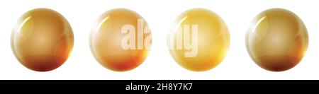 Set with glass golden balls. Glossy realistic ball, 3D abstract vector illustration highlighted on a white background. Big metal bubble with shadow Stock Vector