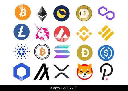 Cryptomens on a white background,3d illustration,Bitcoin,Ethereum, Binance, Solana, Tether and others cryptomens usefull for banners, postcard Stock Photo