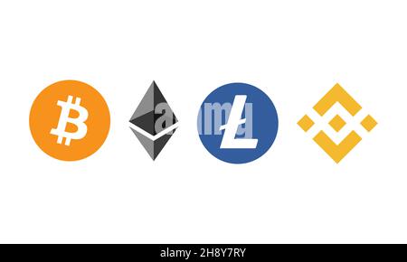 Cryptomens on a white background,3d illustration,Bitcoin,Ethereum, Binance, Solana, Tether and others cryptomens usefull for banners, postcard Stock Photo