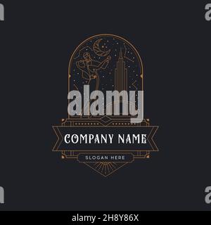Art Deco Antique Gold Couple dancing Logo.Mono line monogram logo template. Elegant frame.Vintage frame logo. Stock Vector