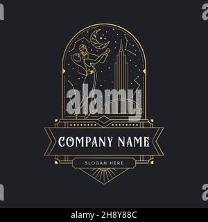 Art Deco Antique Gold Couple dancing Logo.Mono line monogram logo template. Elegant frame.Vintage frame logo. Stock Vector