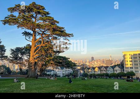 San Francisco, United States. 25th Nov, 2021. Nov. 25, 2021 San Francisco, Alamo Square's famous 'postcard row' at Hayes and Steiner Streets a row of Victorian houses and in the background downtown skyscrapers. The homes are referred to as The Painted Ladies. San Francisco, California is located in northern California on the Pacific coast. Approximately 875,000 people live in the city. (Photo by Samuel Rigelhaupt/Sipa USA ) Credit: Sipa USA/Alamy Live News Stock Photo