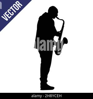 Saxophone player silhouette on white background, vector illustration Stock Vector