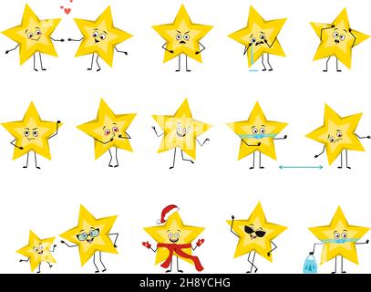 Set of cute yellow star character with different emotions, smile or sad face, happy eyes, arms and legs. Space and weather symbol with expression Stock Vector