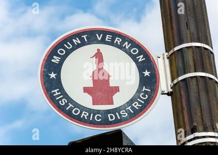 Mount Vernon Historic District sign in Baltimore, Maryland, United States of America. Stock Photo