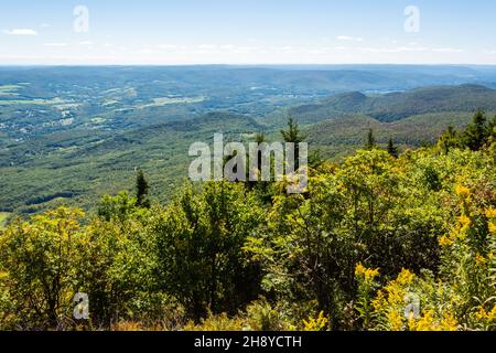 Aerial view from Adams Overlook along the Mohawk Trail in Massachusetts, USA. Adams Overlook faces east, looking over the town of Adams to the Hoosac Stock Photo