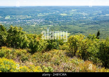 Aerial view from Adams Overlook along the Mohawk Trail in Massachusetts, USA. Adams Overlook faces east, looking over the town of Adams to the Hoosac Stock Photo