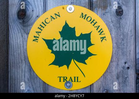 Mohawk Trail sign in Massachusetts, USA. Stock Photo