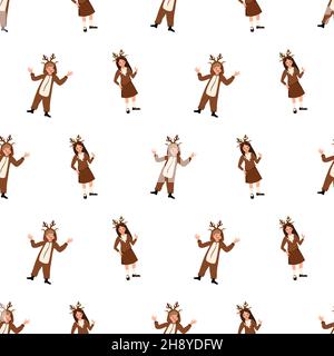 Seamless pattern with girl and boy in carnival costume of deer. Festive print for party, New Year and Christmas. Child dancing with happy face and smile emotions Stock Vector