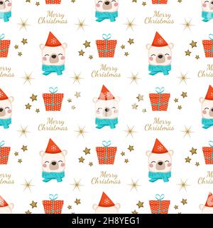 Seamless pattern with polar bear, text merry Christmas and gift box. Festive print, holiday decorations for New Year and Christmas. Funny animals with caps and bows. Vector flat illustration Stock Vector