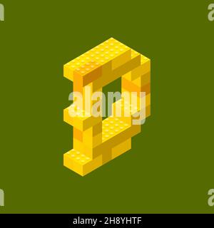 Dogecoin icon assembled from yellow plastic blocks on a green background in isometric style. For website design. Vector illustration. Stock Vector