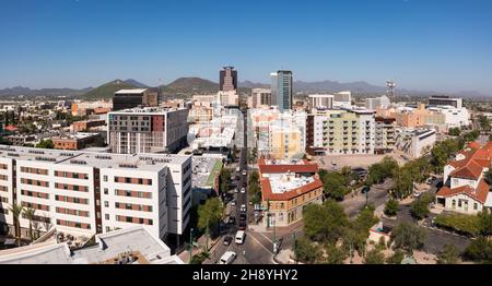 Panorama of condos and businesses in downtown Tucson, Arizona, aerial Stock Photo