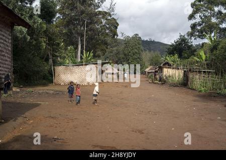 Papua New Guinea; Eastern Highlands; Goroka; Namta; Papuan village - thatched huts; Papua-Dorf - strohgedeckte Hütten; 巴布亞村 - 茅草屋 chaty strzecha Stock Photo