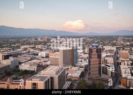 Tucson Arizona downtown buildings. Catalina mountains in distance.  Stock Photo