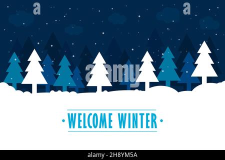 Beautiful winter landscape at night with fir trees and snow. Flat vector illustration with copy space Stock Vector