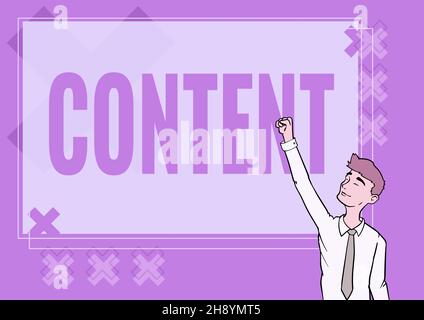 Conceptual display Content. Conceptual photo Things included in something Marketing material State of happiness Happy Man Illustration Standing