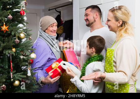 Grandma visiting her family at Christmas Stock Photo
