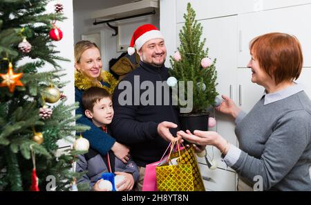 Adult son with family visiting mother at Christmas Stock Photo