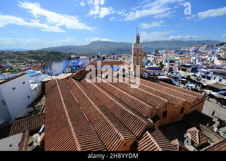 View over Grand Mosque from Kasbah, Chefchaouen, Morocco Stock Photo