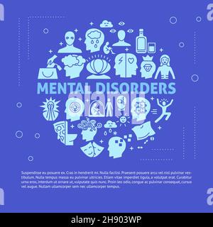 Mental disorders round banner in flat style. Psychological problems banner with place for text. Vector illustration. Stock Vector