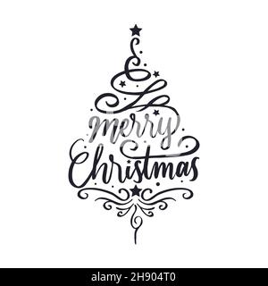 hand lettering merry christmas shaped christmas tree. typography merry Christmas. merry Christmas hand craft design. Stock Vector