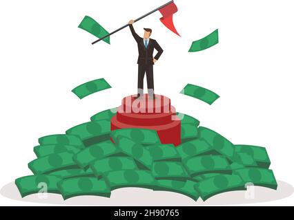 Businessman on the top of the money mountain holding a red flag. Concept of successful business. Flat isolated vector illustration. Stock Vector