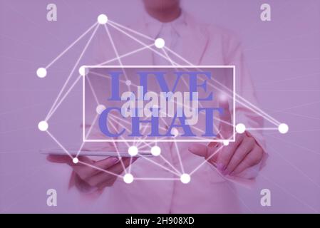 Conceptual display Live Chat. Business overview talking with friend or someone through internet and PC phone Lady Holding Tablet Pressing On Virtual Stock Photo