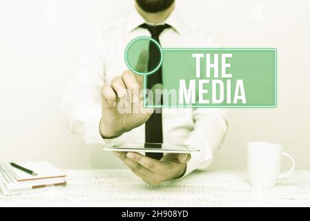 Conceptual caption The Media. Concept meaning main means of mass communication that are regarded collectively Presenting Communication Technology Stock Photo