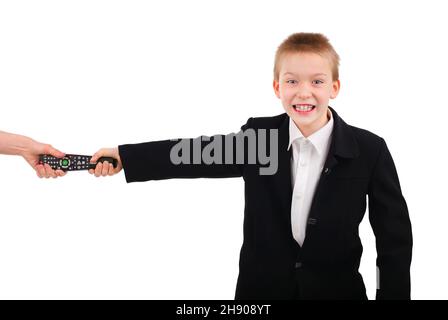 Kid with TV set Remote Control Isolated on the White Background Stock Photo