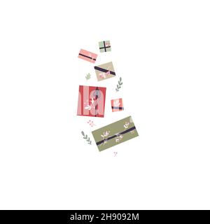 Vector holiday illustration of hygge falling gifts with ribbons and branches. Composition of gift boxes in pastel colors and stems with foliage and be Stock Vector