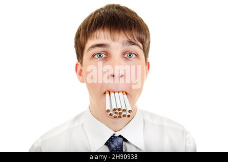 Young Man with Many Cigarettes in his Mouth Isolated on the White Background Stock Photo