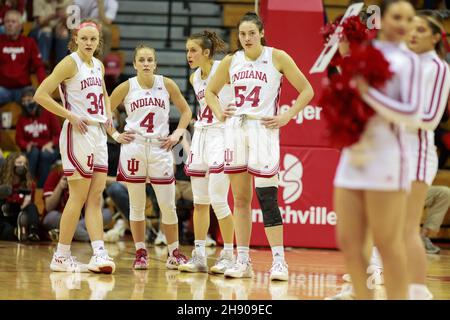 Bloomington, United States. 02nd Dec, 2021. Indiana University players gather after the National Collegiate Athletic Association (NCAA) women's basketball game in Bloomington. Indiana University lost to NC State 66-58. Credit: SOPA Images Limited/Alamy Live News Stock Photo