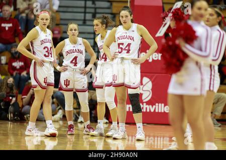 Bloomington, United States. 02nd Dec, 2021. Indiana University players gather after the National Collegiate Athletic Association (NCAA) women's basketball game in Bloomington. Indiana University lost to NC State 66-58. (Photo by Jeremy Hogan/SOPA Images/Sipa USA) Credit: Sipa USA/Alamy Live News Stock Photo