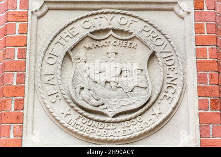 Providence, Rhode Island, United States of America – September 5, 2016. The seal of the City of Providence reproduced in stone on a brick pier of the Stock Photo