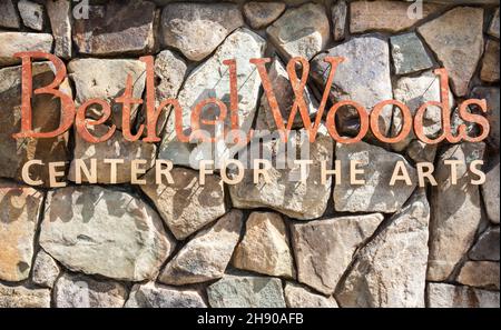 Bethel, New York, United States of America – September 11 ,2016. Sign at the entrance to the Bethel Woods Center for the Arts. Letters making the sign Stock Photo