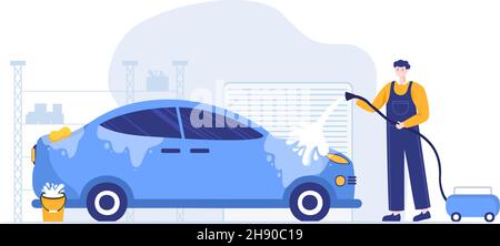 Car Wash Service Flat Design illustration. Workers Washing Automobile Using Sponges Soap and Water for Background, Poster or Banner Stock Vector