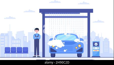 Car Wash Service Flat Design illustration. Workers Washing Automobile Using Sponges Soap and Water for Background, Poster or Banner Stock Vector