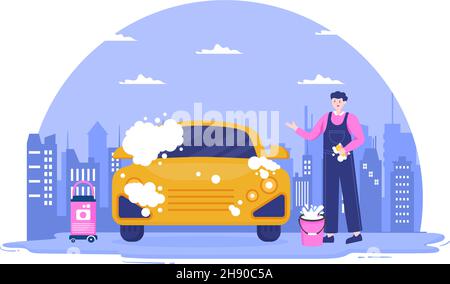 Car Wash Service Flat Design illustration. Workers Washing Automobile Using Sponges Soap and Water for Background, Poster or Banner Stock Vector