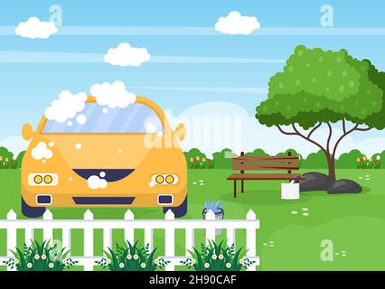 Car Wash Service Flat Design illustration. Workers Washing Automobile Using Sponges Soap and Water for Background, Poster or Banner Stock Vector