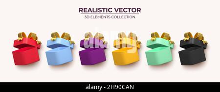 Set of Realistic empty open gift box with golden bow. Collection of realistic gifts . Festive colorful decorative 3d render object. Isolated on white background. vector illustration Stock Vector